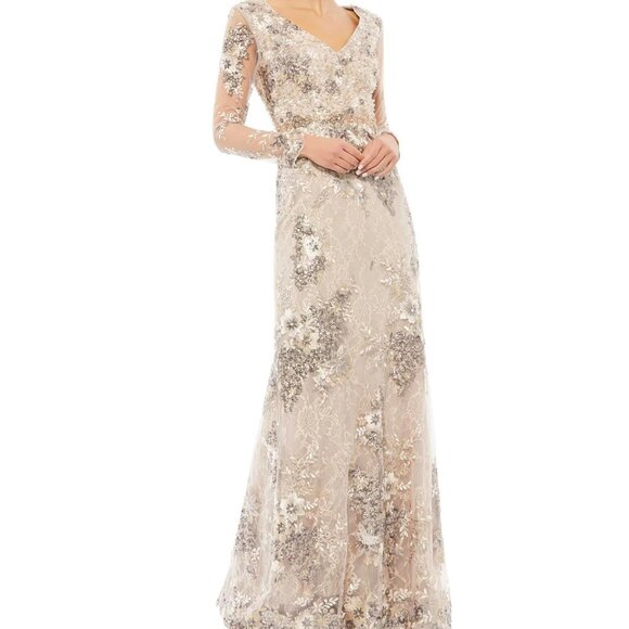 MAC DUGGAL 67539 Taupe Embellished V-Neck Illusion‎ Long Sleeve Gown 6 NWT $698